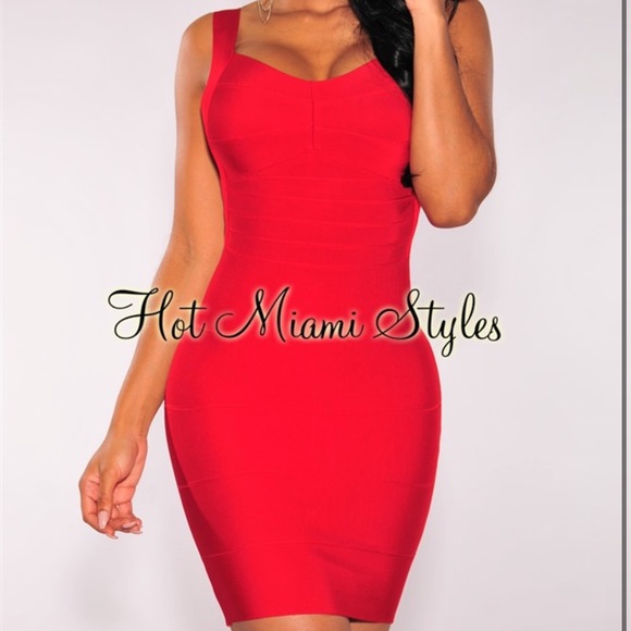 Hot Miami Styles Red Plunging Back Silky Bandage Dress - Picture 4 of 8